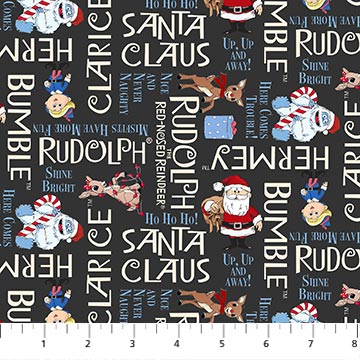 Rudolph the Red Nosed Reideer - Northcott Fabrics - Phrases Charcoal - RD1006-96