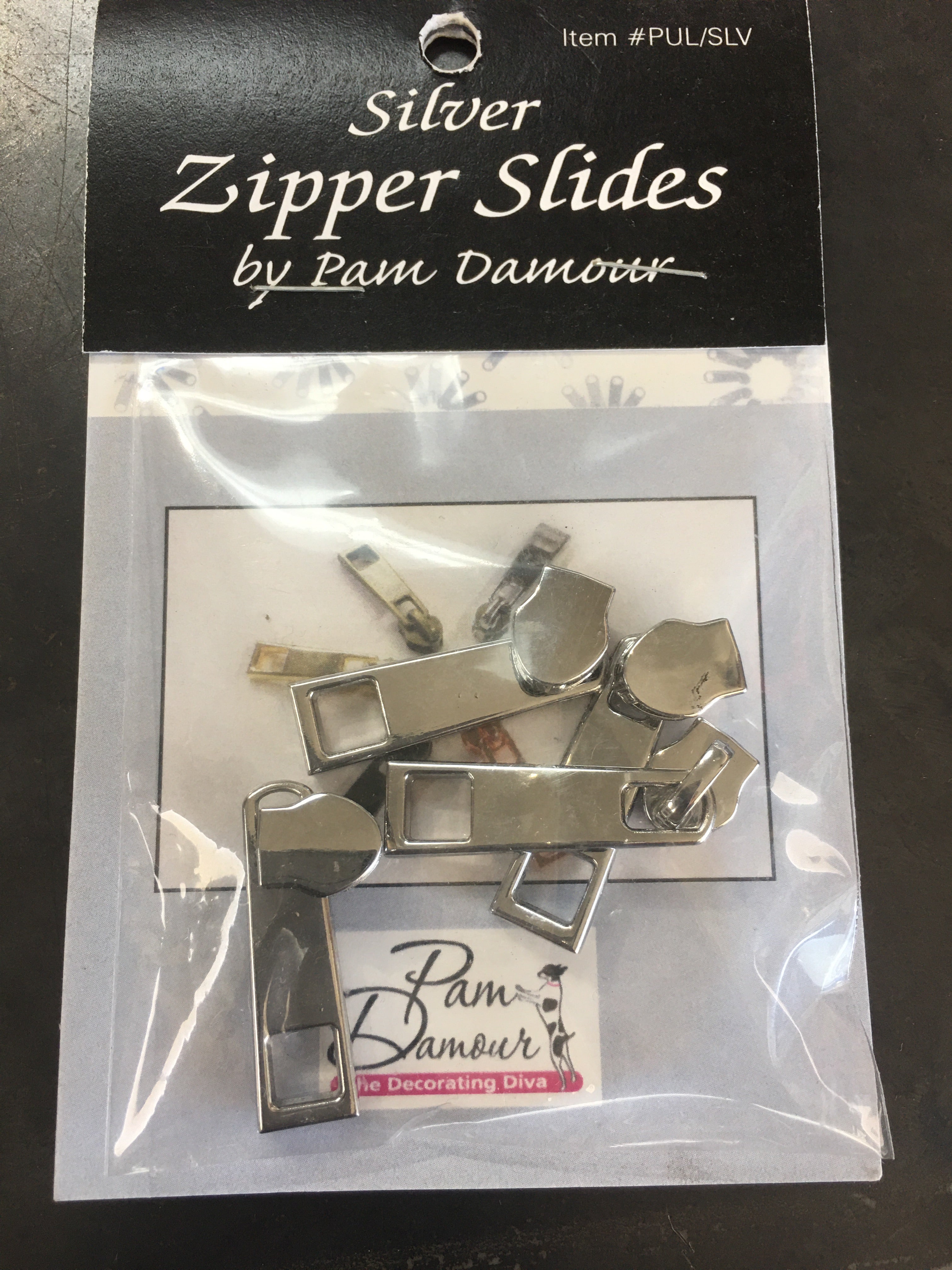 Silver Black Zipper Slides by Pam Damour