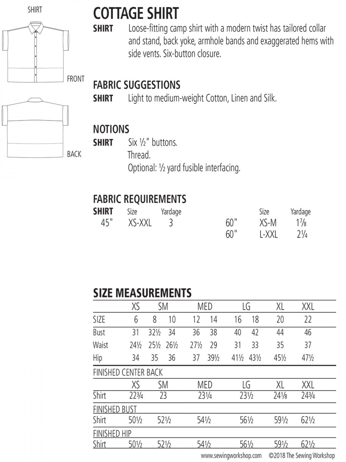 Cottage Shirt Pattern Size XS - XXL32