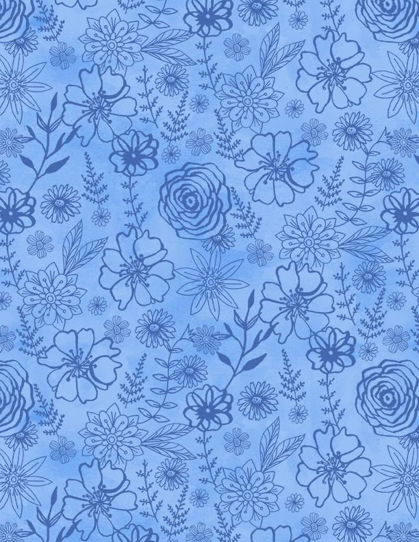 Fanciful Flight by Wilmington Prints -Floral Outlines Blue