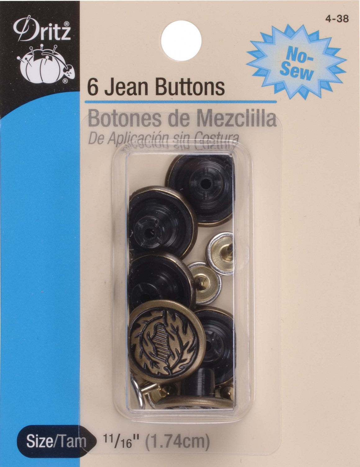 Dritz No Sew Jeans Buttons - Antique Brass