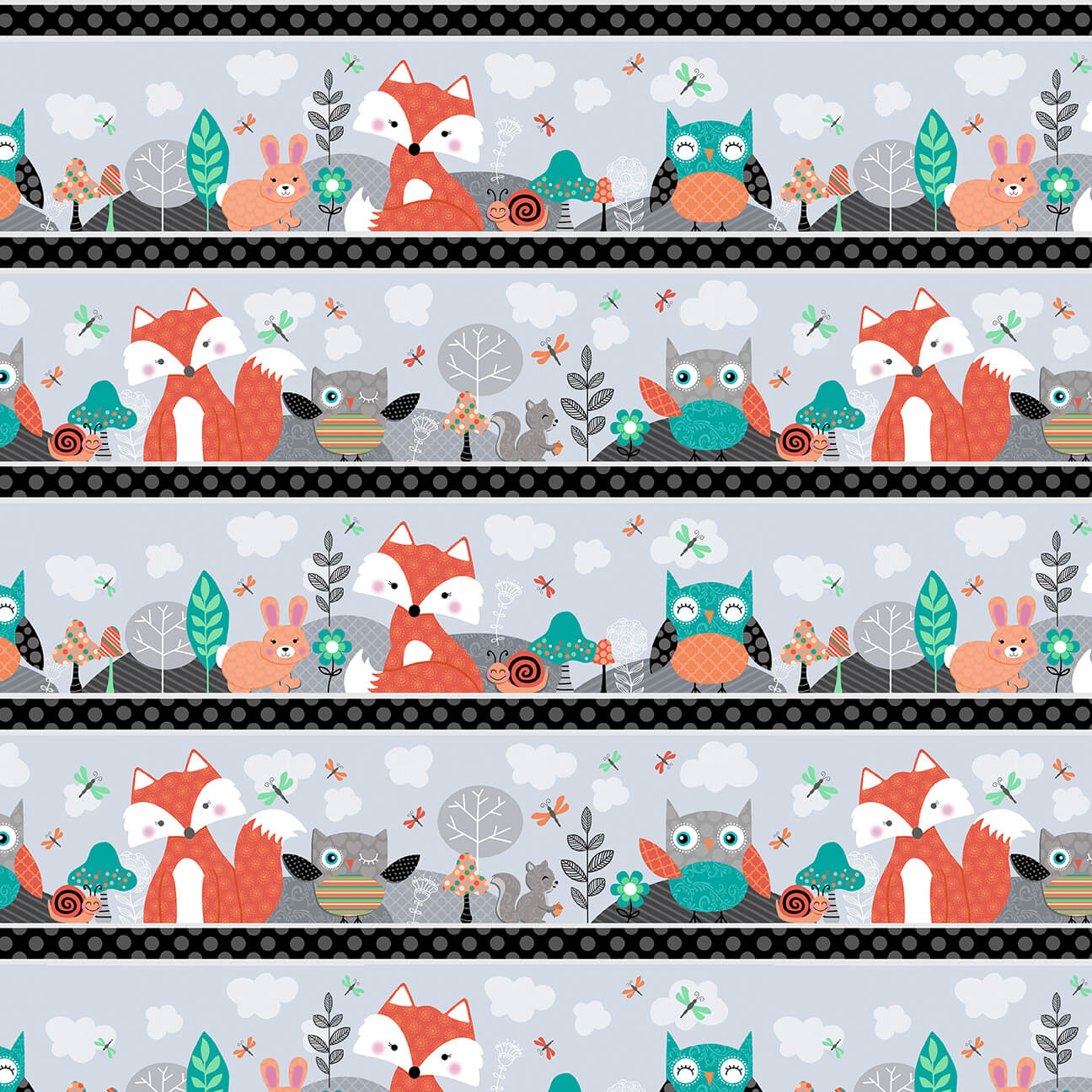 Owl's Woodland Adventure - Grey Border Stripe