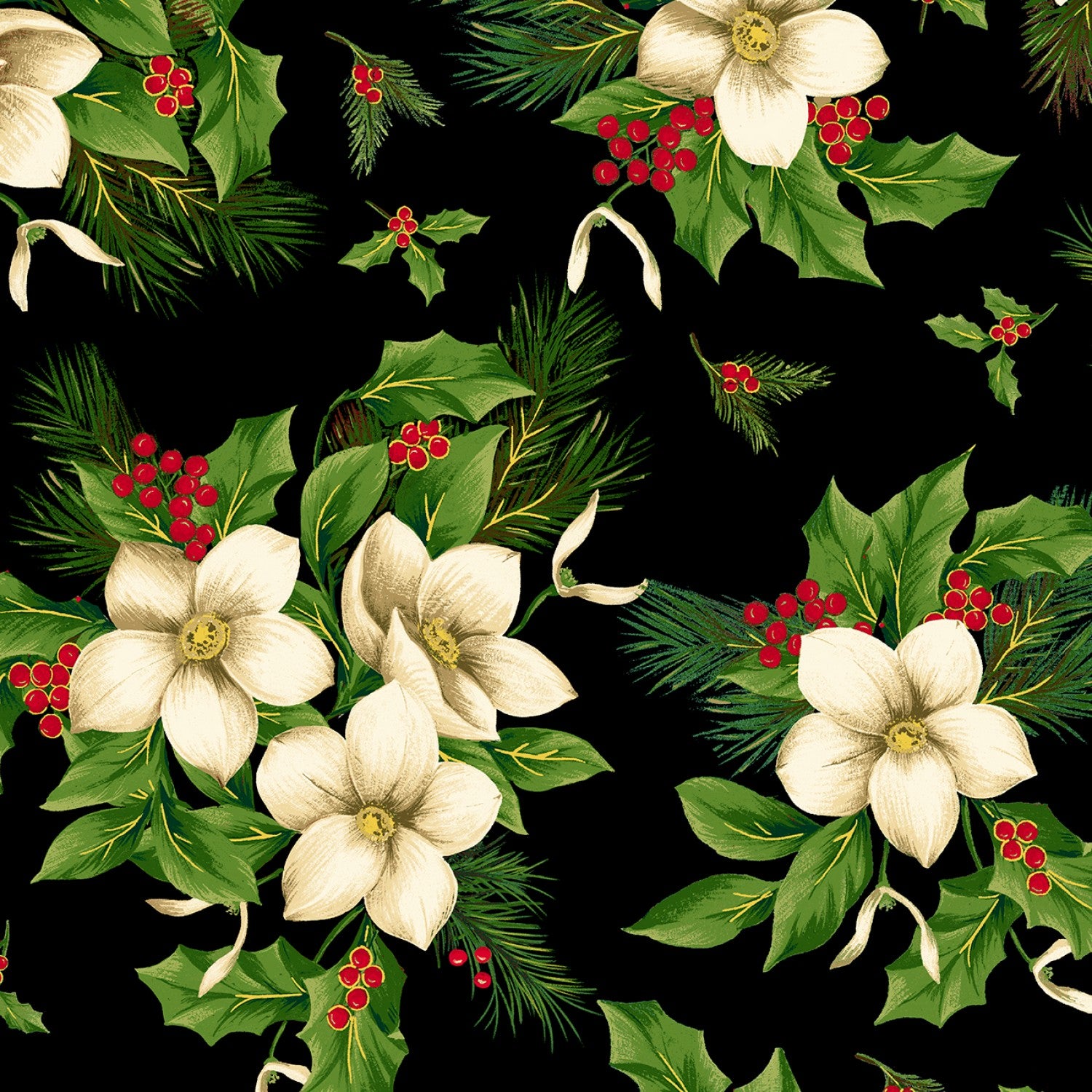 Windham 108" Wide Back -Black Christmas Blooms