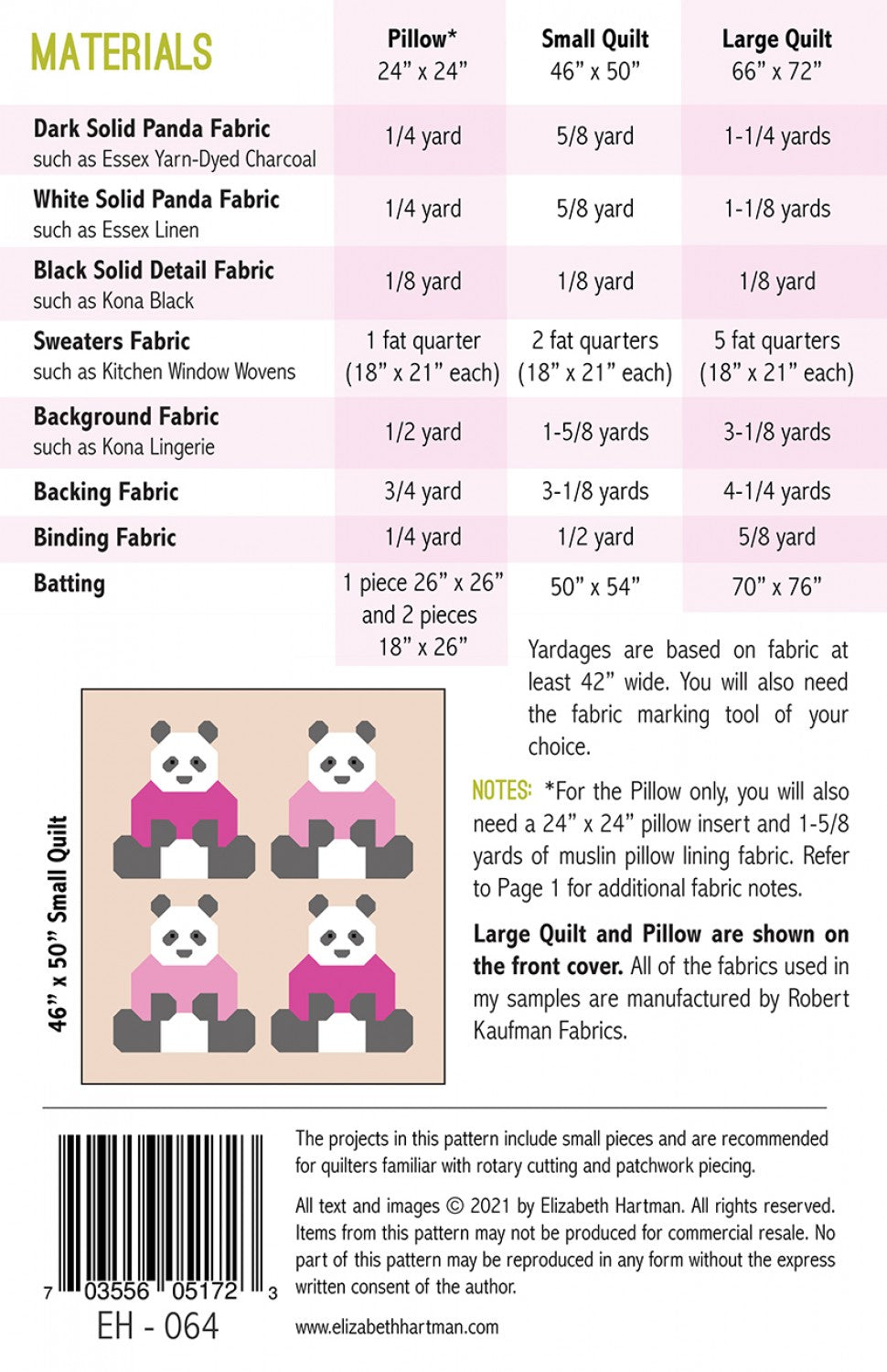 Pandas in Sweaters Quilt Pattern by Elizabeth Hartman