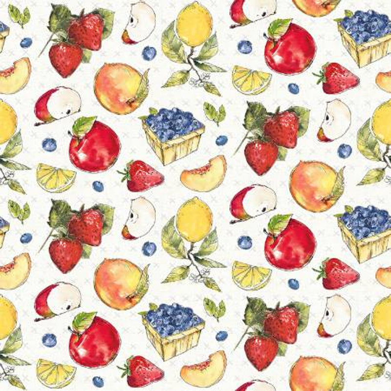 P & B Textiles - Fruit Stand - Assorted Fruit Allover Pattern on White Fabric - FRUS-4364-MU