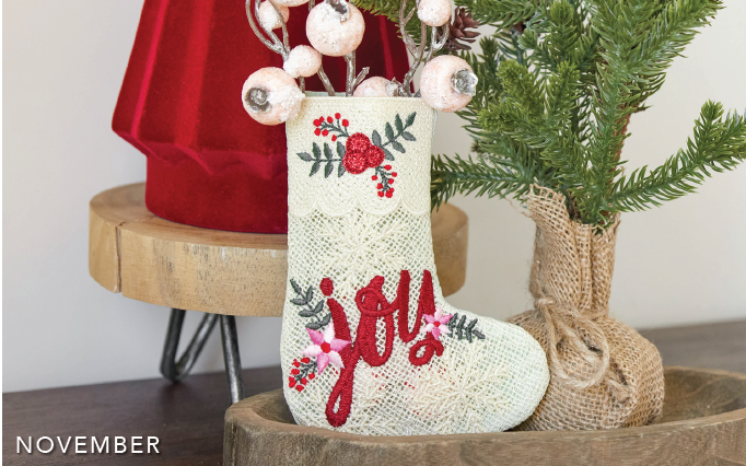 Kimberbell Digital Dealer Exclusives 2024: CHRISTMAS JOY – Lace Gift Stocking - November