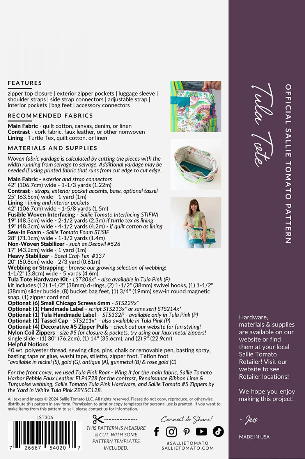 Sallie Tomato - Tula Tote Paper Pattern