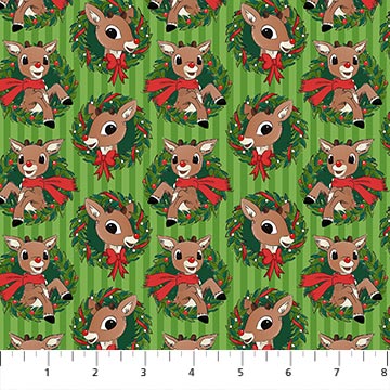 Rudolph the Red Nosed Reideer - Northcott Fabrics - Rudolph Wreath Green - RD1002-73