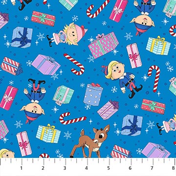 Rudolph the Red Nosed Reideer - Northcott Fabrics - Presents Blue - RD1005-47