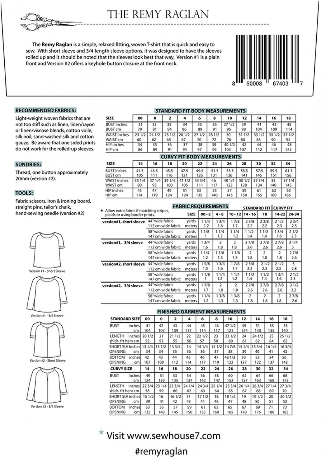 Sew House Seven - Remy Raglan Top.  Standard Sizes 00 - 20 / Curvy 14 - 34