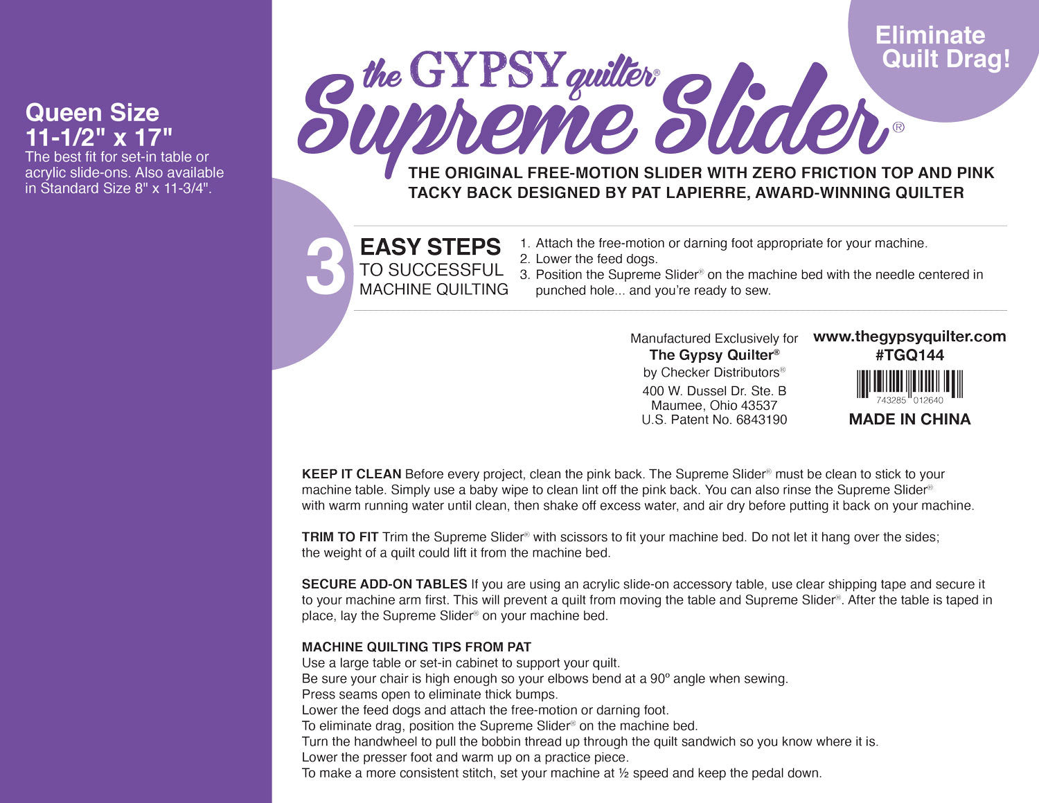 The Gypsy Quilter Supreme Slider 11-1/2in x 17in Free Motion Slider with Pink Tacky Back