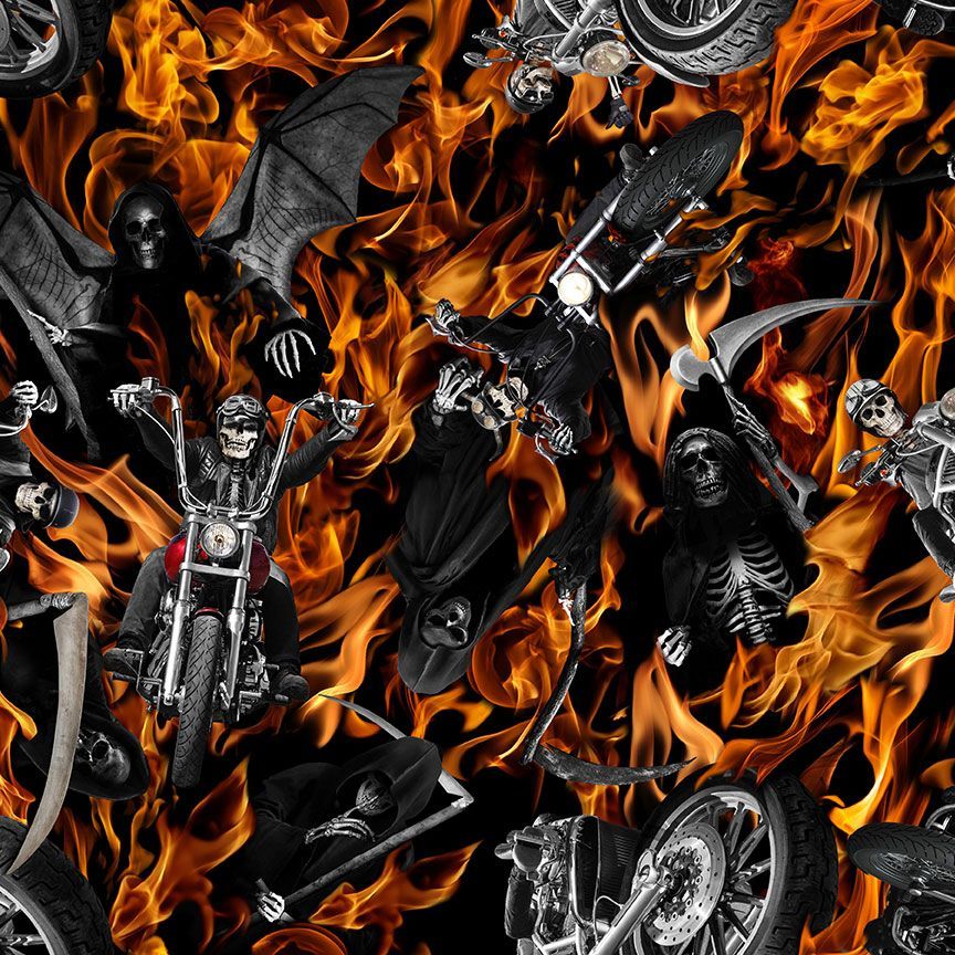 Skeletons Flaming Motorcycles - Timeless Treasures- WICKED-CD2415