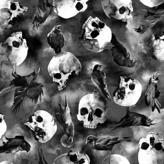 Timeless Treasures - Wicked - Ravens on Skulls - Grey