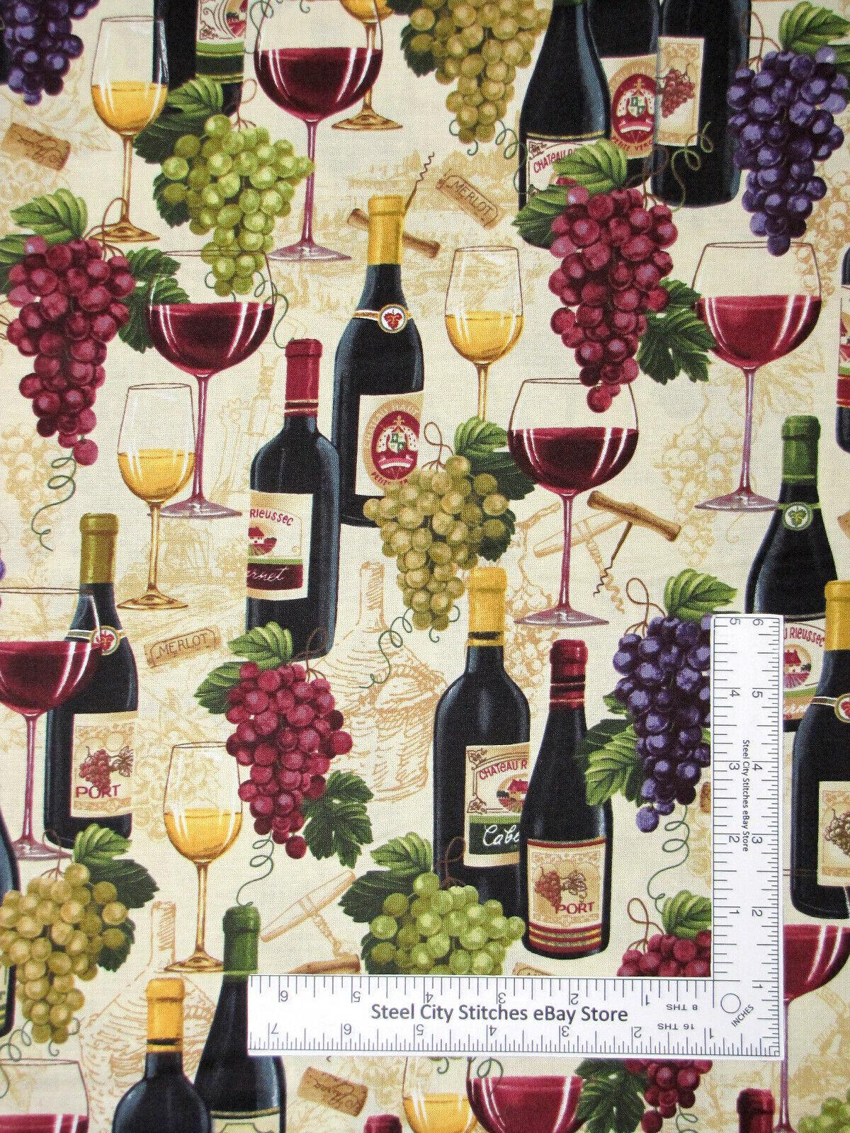 Wine Bottles and Grapes by Timeless Treasures