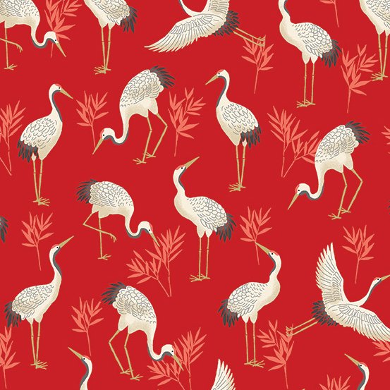 Makower UK: Michiko - Cranes - Red/Metallic