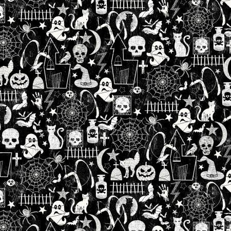 Black Halloween Glow in the Dark Fabric - Ghosts - CG7787-BLK