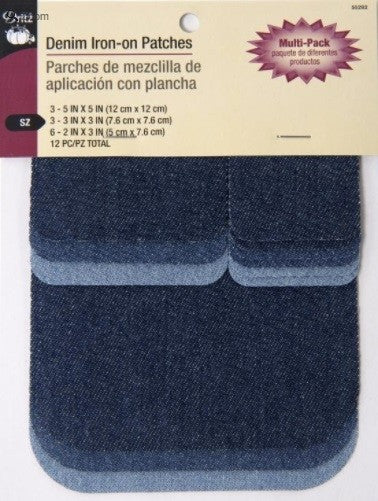 Denim Iron-On Patches, Assorted Colours & Sizes, 12 Pieces - DZ55282