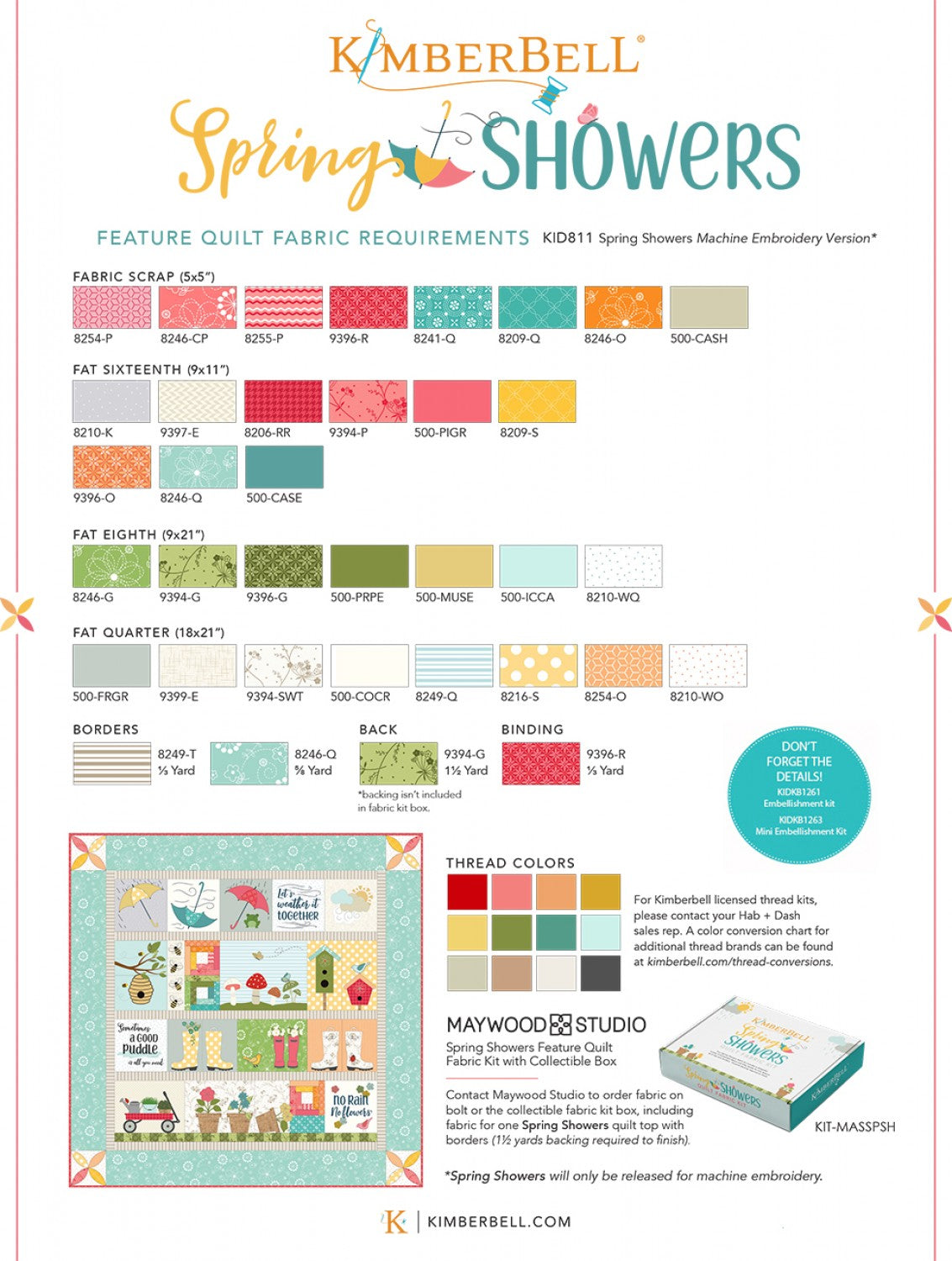 Kimberbell Spring Showers Quilt, Machine Embroidery KD811 Pattern