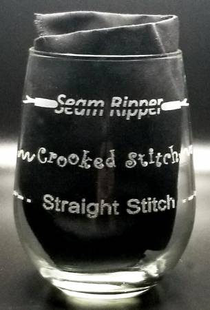 Seam Ripper, Crooked Stitch, Straight Stitch Stemless Wine Glass